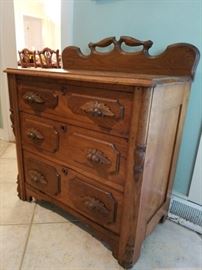 Antique Walnut Acorn Handled 3 drawer chest     $150