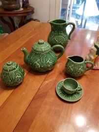 Bordallo Pinheiro 3 piece ceramic majolica    teapot with lid, sugar with lid, and creamer   $55                                                    Pitcher $18                                   Demitasse cup and saucer $15