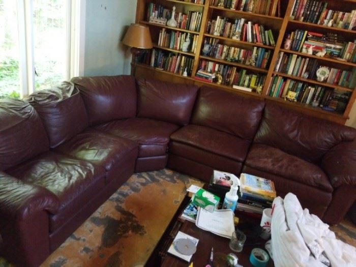 Wine color leather sectional ---3 pieces --some fading