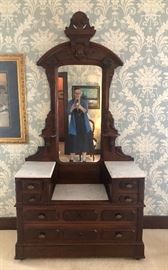 Magnificent 19th Century Eastlake Style Dresser, solid mahogany, marble and original hardware. Features drop center, three marble tops, candle shelves,  incredibly roomy drawers --Perfect condition!
