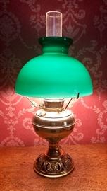 Antique converted oil lamp with green shade and chimney