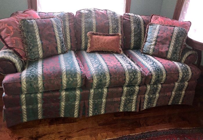 Clayton Marcus burgundy, forest green and cream sofa.