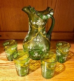 Vintage Green Hand Painted Glass Pitcher with glasses