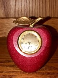 Red agate apple paperweight clock with brass leaf! Perfect gift for teachers at the end of a LONG school year!