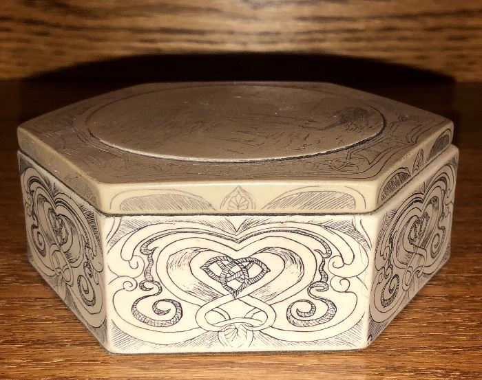 Vintage etched bone trinket box