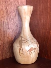 hand carved wooden etched vase