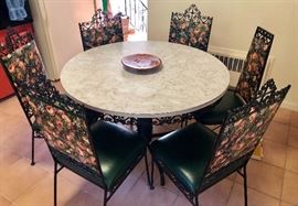 Woodard Wrought iron kitchen set 6 chairs, matching formica table with wrought iron apron.