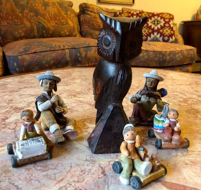Carved hard wood MCM Owl and friends.