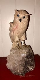 Alabaster carved owl on raw quartz crystal