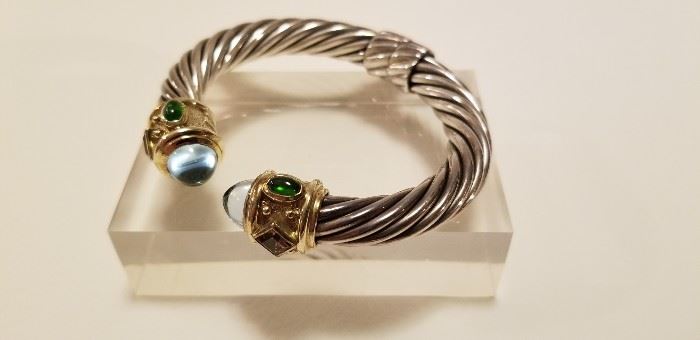 David Yurman twisted cable bracelet in sterling and 14K with gem stones...