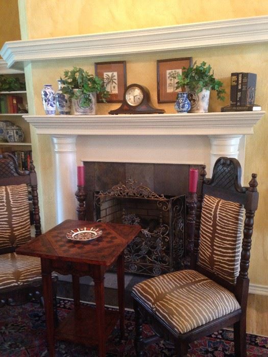 Matching chairs from Spain (zebra print fabric); game table (corners fold inward);  mantel clock; blue & white selections