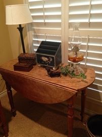 Drop leaf table; letter organizer; oil lamp