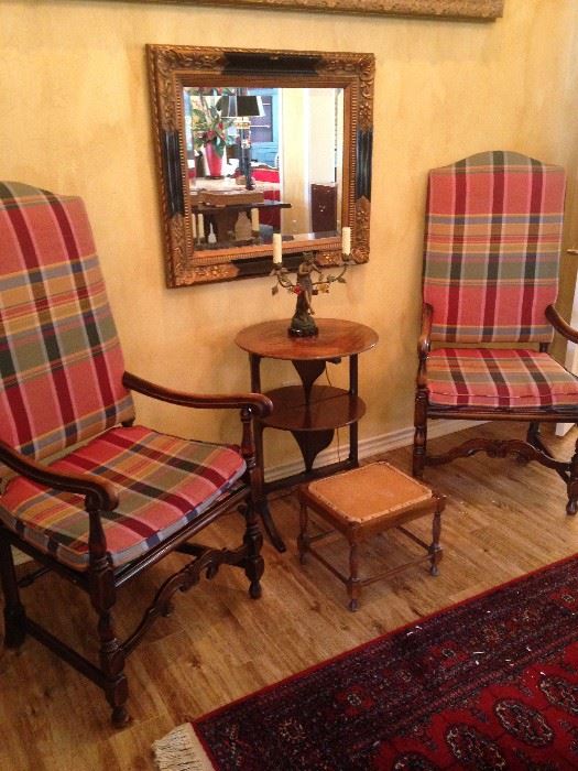 Matching antique plaid chairs from Scotland; framed mirror; 2-tier tilt table