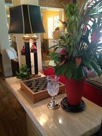 Three column lamp; "T"-shaped marble table; chess set; lovely arrangement