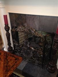 Ornate fire screen; large candle holders