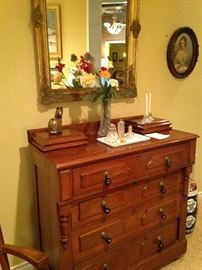 Antique 4-drawer chest; gold framed mirror above