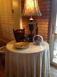 Glass top skirted table; Asian rice bucket; lovely lamp