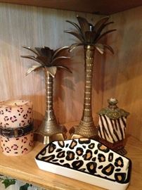 Brass palm trees and  "animal skin" candle, eyeglass hholder, and small candle. 