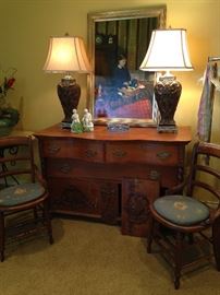 The dresser belonged to Judge B.B. Hart of Mineola. (Bottom door needs to be attached.); two antique chairs