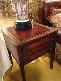 Leather top 3-drawer side table with Asian style lamp