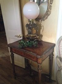 Inlaid wood fold-out table; vintage brass "trophy" & globe lamp