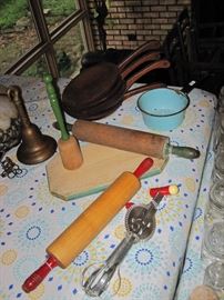 Vintage Rolling Pins, Cutting Board and Egg Beater/s 