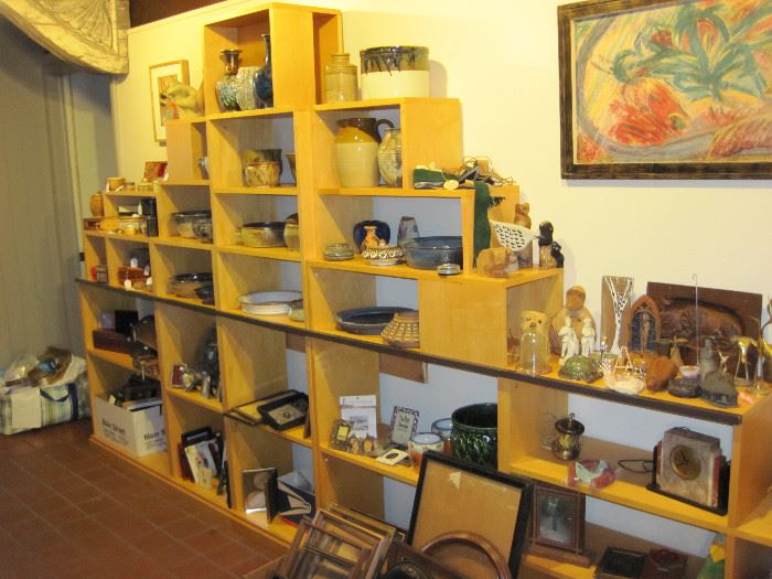 Pottery Pieces, Art Work, Vintage Frames, Collectible Boxes from all around the Globe.  (Shelving Unit NFS)