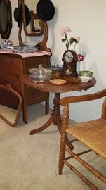 Caned chair and oak flip-up table; anniversary clock
