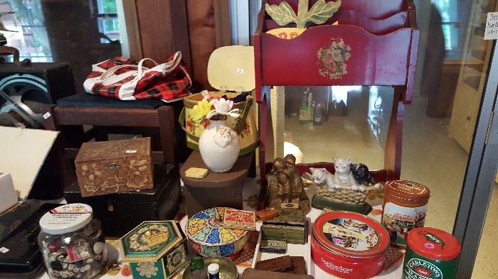 Buttons,  antique sewing boxes with sewing notions; assorted tins (some with advertising); magazine rack