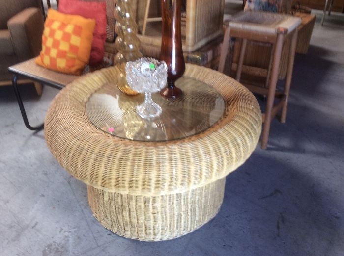Great wicker mushroom table with glass insert