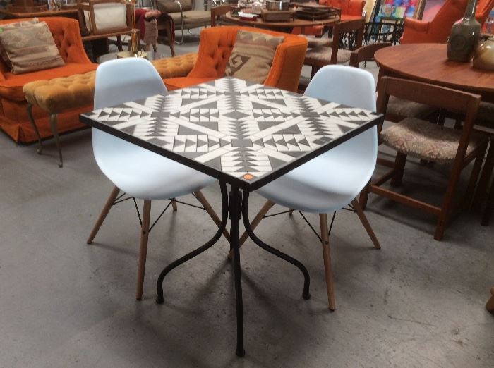 Black and white mosaic table, new, pair of Eames style chairs, will be priced separately 