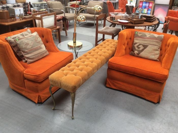 Retro orange chairs-great shape, retro velvet gold bench