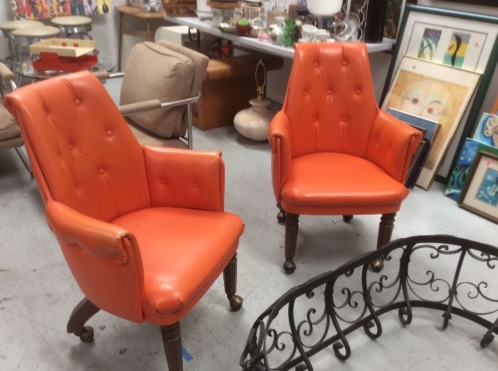 Orange vinyl chairs, set of 4, wrought iron table base