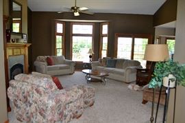 Living Room furniture - couch & love seat, chair & ottoman, glider, tables, lamp, planter. Dog not for sale :)