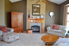Living Room furniture - armoire, chair & ottoman, love seat, coffee table, mirror, antique copper bin