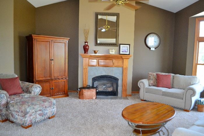 Living Room furniture - armoire, chair & ottoman, love seat, coffee table,  mirror, antique copper bin