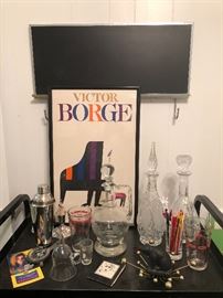 Some fun vintage barware and this great Victor Borge mid century Danish framed poster 
