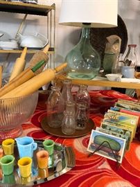 Lots of colorful kitchen items and some wonderful old postcards 