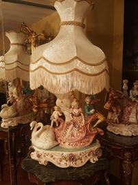 Capodimonte large porcelain musical figurines and lamp