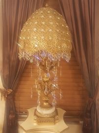 Antique handmade bronze lamp very tall / 3 ft with real crystal and marble