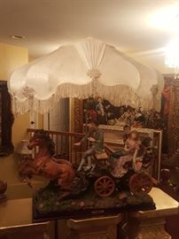 Antique horse and carriage lamp very large with crystal lamp shade