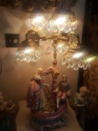 Antique Capodimonte lamp with crystal lamp covers