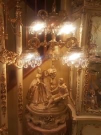 Large Capodimonte Italian lamp with dangling crystals