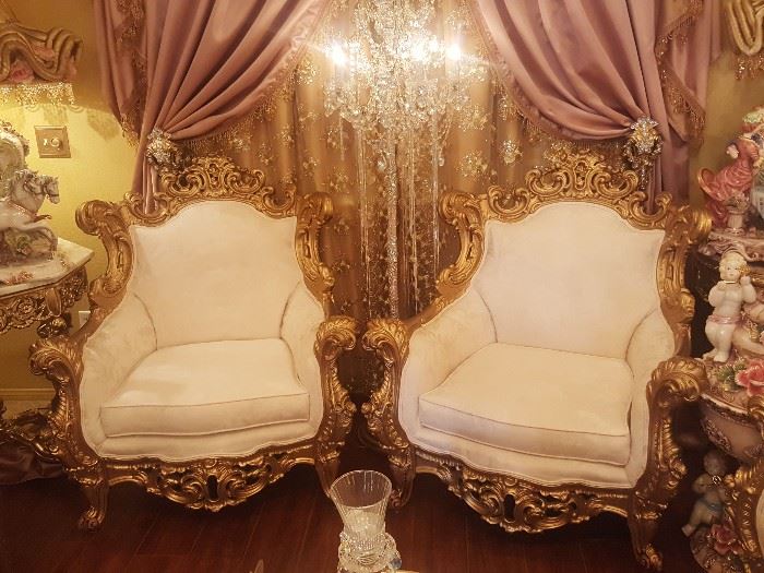 I have two sofa chairs like this along with the set with sofa and 2 Throne chairs with cherub upholstery prints like new