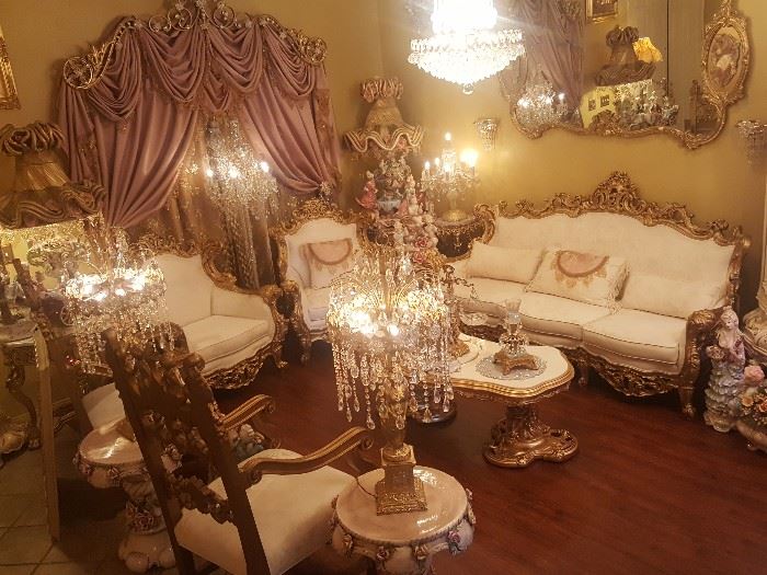 French Rococo set very clean. Two Throne chairs, to sofa chairs, one sofa period tables are sold separately