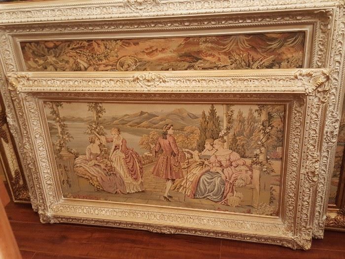 Large framed tapestry with carved wood frame
