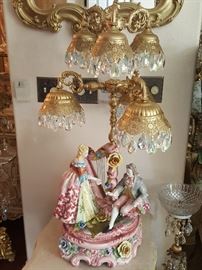 Antique Capodimonte large lamp with crystals dangling