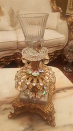Antique gold plated two-piece candle holders with rock crystal