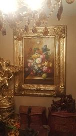 Large floral oil painting with gold frame