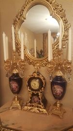Victorian gold plated clock and candelabra set